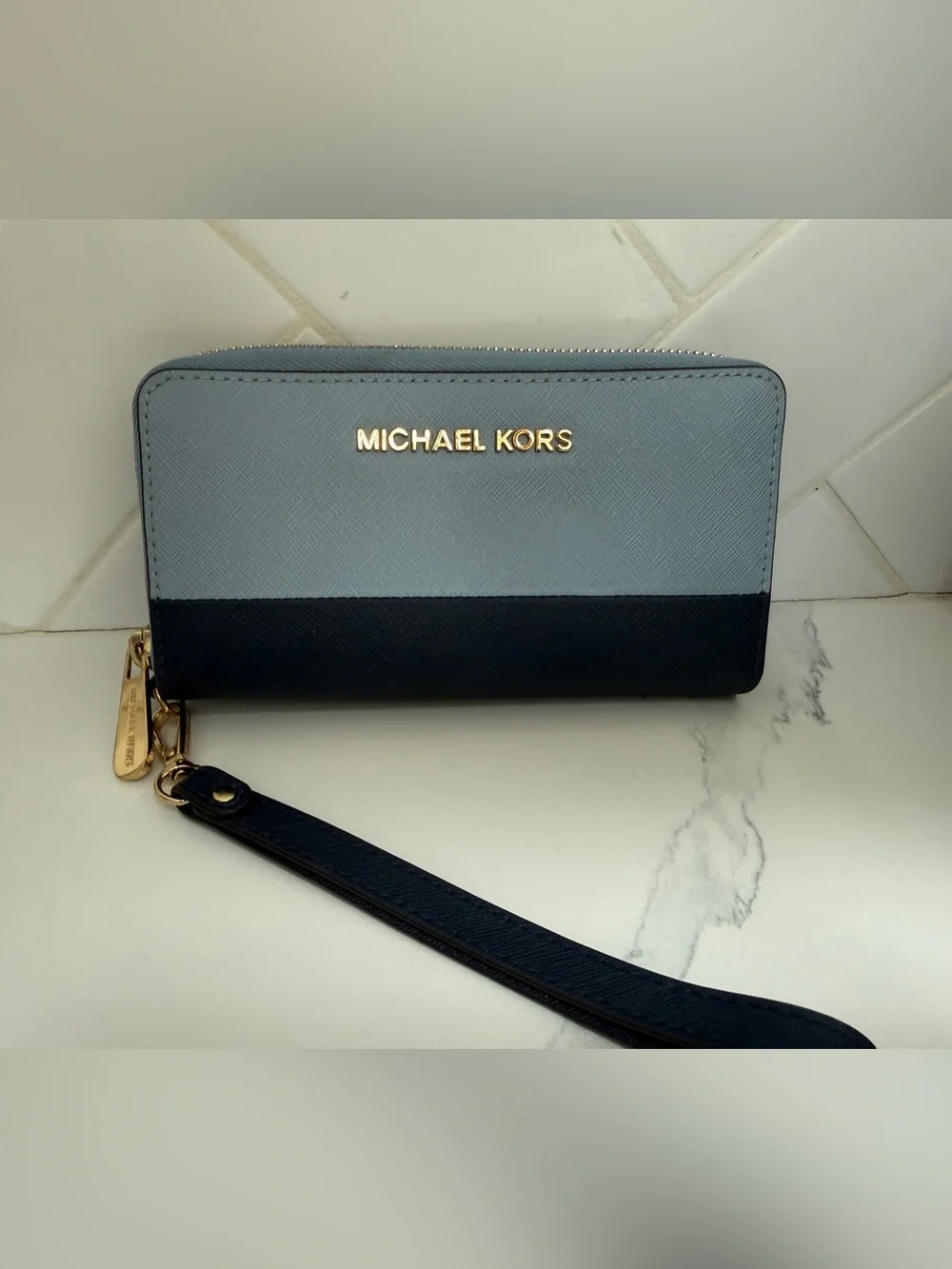 Michael Kors Two-Tone Light blue and Navy Saffiano Wristlet Wallet